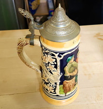 Vintage German High-Relief Ceramic Beer Stein with Valkyrie/Norse Battle Scene, 'Lebensmüd', Twig Handle, No Lid — listing 5