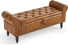 Cognac Brown Leather Upholstered Storage Ottoman / Footstool — listing 3