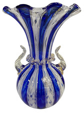 Murano Style Latticino Striped Art Glass Vase Green Blue White — listing 5