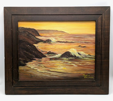 Vintage Framed Coastal Sunset Seascape Print, California-Style Beach and Cliffs, Early-to-Mid 20th Century — listing 5