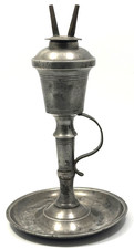 Vintage Pewter Tavern-Style Table Lamp with Hand-Painted Blue Ruffled Glass Shade — listing 5