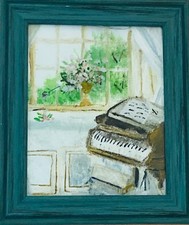 Impressionist Oil Painting of Grand Piano in Sunlit Interior, Gold Framed