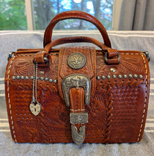 Vintage Hand-Tooled Leather Doctor's Bag / Gladstone Frame Bag with Crocodile Inset & Floral Liberty-Style Lining No visible mark at all
