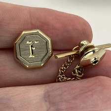 Vintage Gold-Tone Monogram "R" Tie Tack with Chain and T-Bar — listing 3
