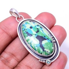 Gold Tone Round Cabochon Pendant Necklace with Blue-Green Azurite-Malachite Style Stone — listing 6