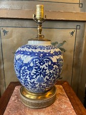 Blue and White Ceramic Ginger Jar Table Lamp with Cherub Cartouche Motif — listing 6