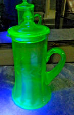 Vintage Uranium Glass Miniature Pitcher Vase, Green, Ruffled Rim, 5 inch, listing 2