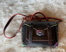 Black Leather Satchel Handbag with Contrast Brown Trim and Brass Hardware — listing 6