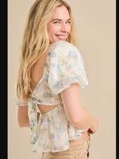 puff sleeve blouse Cream Cotton Puff Sleeve Babydoll Blouse with Lace Trim — listing 3