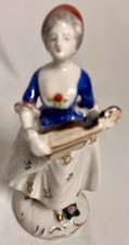 Vintage Porcelain Colonial Man Figurine with Mandolin, Blue & White with Lace Trim — listing 2