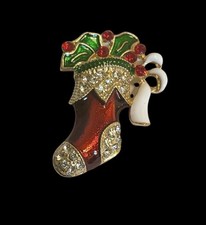 Holiday Season's Greetings Hand-Painted Christmas Stocking Brooch Pin, 18kt Gold Layered — listing 2