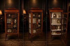 Edwardian mahogany cabinet Edwardian Mahogany Inlaid Display Cabinet with Arched Bonnet Top & Oval Mirror Door — listing 2