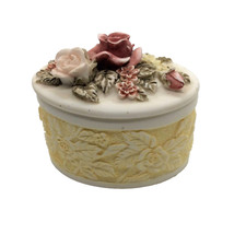 Vintage Ceramic Lidded Trinket Box with Yellow Ground and Floral Transfer Decoration — listing 5