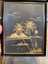 Vintage Rice Straw Marquetry Tropical Island Scene in Gilt Faux-Bamboo Frame — listing 6