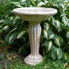 Vintage Cast Concrete Pedestal Bird Bath with Scalloped Clamshell Bowl — listing 5