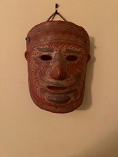 Small Mexican Folk Art Faux Tribal Mask, Hand-Painted Terracotta Wall Mask with Parrots (6.25 x 5 in) — listing 4