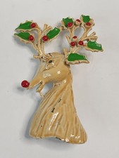 Vintage Gold-Tone Leaping Reindeer Christmas Brooch with Red Enamel Saddle — listing 4