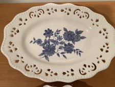 Blue and White Reticulated Porcelain Footed Compote with Hand-Painted Floral Center — listing 2