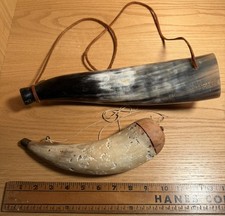 Hand-Carved Powder Horn with Etched Tribal Motifs and Leather Strap — listing 3