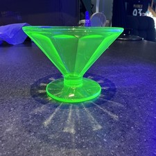 Depression Era Green Uranium Glass Champagne/Tall Sherbet with Etched Floral Band — listing 2