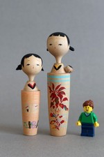 Vintage Japanese Creative Kokeshi Wood Doll with Red Bow, 7.5 inches