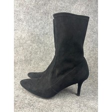 Women's Black Pointed-Toe Mid-Calf Stiletto Boots with Gold Buckle Accent, Size 10
