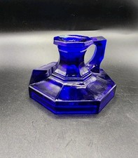Antique Blue Glass Chamberstick Candle Holder with Gilt Grapevine Decoration — listing 3