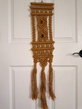 Large Vintage 1970s Macrame Mandala Wall Hanging, Rust Orange with Wooden Beads, 33" Diameter — listing 3
