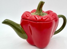 Figural Red Bell Pepper Teapot with Green Stem Lid, Handle and Spout — listing 2