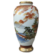 Japanese Satsuma Moriage Vase with Pagoda Landscape and Maple Leaves