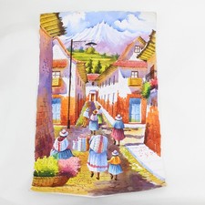 Original Signed Watercolor Painting, Peruvian/Andean Village Street Scene with Figures, Framed 10x6.5" — listing 4