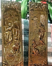 Vintage Brass Repoussé Wall Charger with Black Metal Rim - Flemish Tavern Scene — listing 3