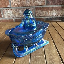 Westmoreland Blue Carnival Glass Covered Santa Claus Candy Dish on Pedestal Feet — listing 2