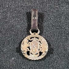 Vintage Brass Heraldic Charm Pendant with Crown and Lion Coat of Arms