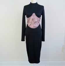 Maniere de Voir Black Contrast-Stitch One-Sleeve Bodycon Mini Dress with Front Zip — listing 2
