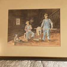 Original Folk Art Landscape Painting, Lakeside Cabin with Boat and Mountains, Unsigned — listing 3