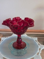Amberina Thumbprint Ruffled Crimped Compote / Pedestal Candy Dish — listing 2