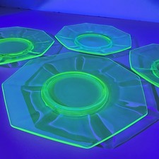 Art Deco Uranium Green Glass Octagonal Plate with Wheel-Cut Floral & Lattice Design, 10 inch — listing 6
