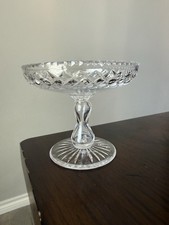 Cut Crystal Compote Bowl on Ornate Cast Metal Pedestal Base with Hanging Prisms