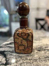 Vintage Italian Hand-Tooled Leather-Wrapped Glass Decanter with Fleur-de-Lis Studded Appliqué — listing 4