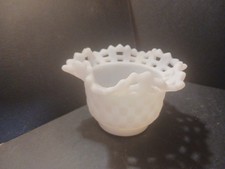 Fenton Custard Satin Glass Open Lace Edge Basket Weave Bowl, 5 inches