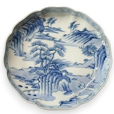 Arita porcelain Antique Japanese Arita Blue & White Porcelain Landscape Plate with Scalloped Rim