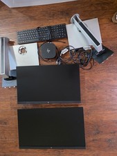 Complete Desktop Computer Workstation Setup with Widescreen Monitor, Tower PC, UPS, Keyboard, and Gaming Headset on Wood Computer Desk — listing 2