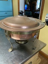 Vintage Copper and Brass Chafing Dish with Wooden Handle and Fuel Burner — listing 5