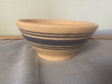 Vintage Yellowware Mixing Bowl with Blue Bands and Ribbed Exterior — listing 3