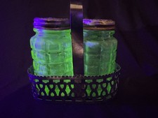 Vintage Hazel-Atlas Green Depression Glass Salt Shaker with Perforated Metal Lid, 4 inches tall