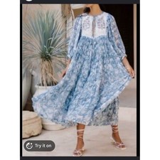 Daughters of India Block Print Cotton Tiered Maxi Dress, Rust Floral, Size M, listing 2