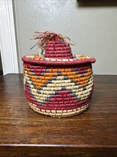 Antique Woven Rattan Lidded Basket with Carved Wood Bird Finial — listing 5