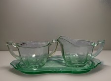 Green Uranium Depression Glass Creamer and Open Sugar Set, Georgian/Cameo-Style Pattern — listing 6