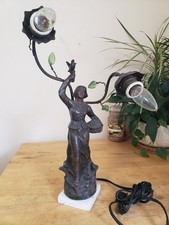 Antique French Art Nouveau Figural Newel Post Lamp with Classical Maiden and Frosted Ruffle Shades No marks at all — listing 6